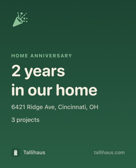 Shareable card reading '2 years in our home'