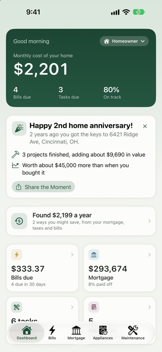 Dashboard with a 'Happy 2nd home anniversary!' card listing projects finished and value gained