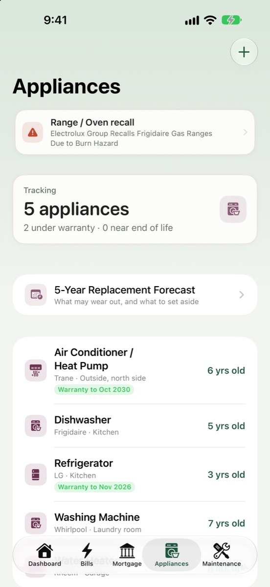 Appliances screen with a recall alert