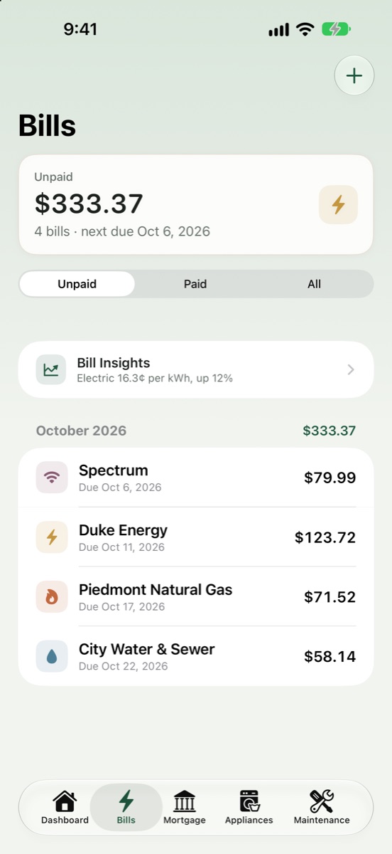 Bills screen showing $333.37 unpaid across four bills