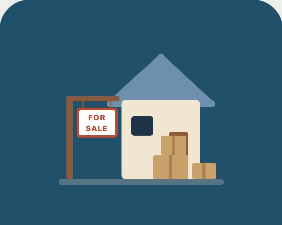 Illustration of a house with a For Sale sign and moving boxes