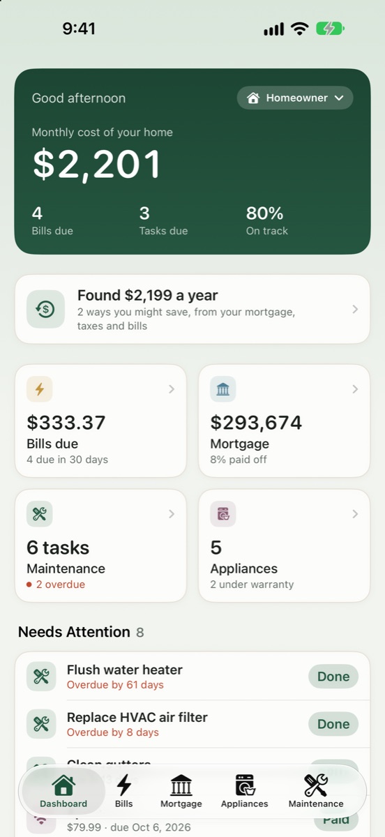 Tallihaus home screen showing monthly home cost, savings found, bills, mortgage, maintenance and appliances