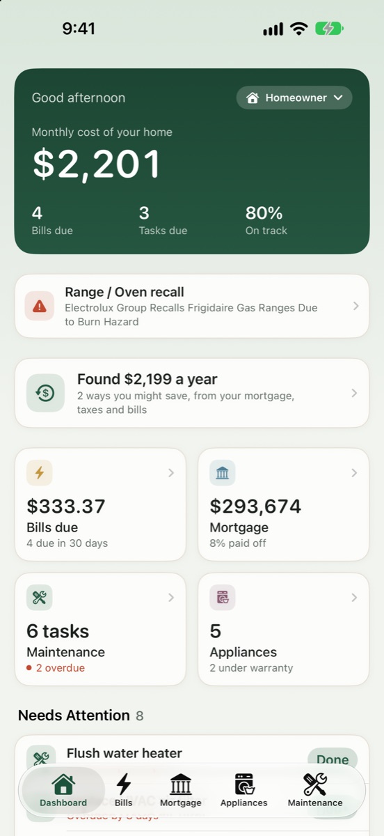 Dashboard with a recall alert, $2,199 a year in savings found, and summary tiles