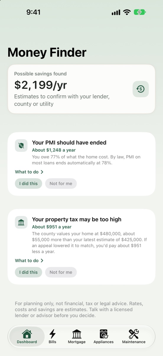 Money Finder showing possible savings of $2,199 a year