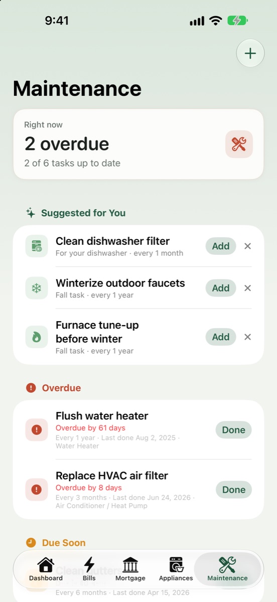 Maintenance screen with suggested tasks and two overdue tasks