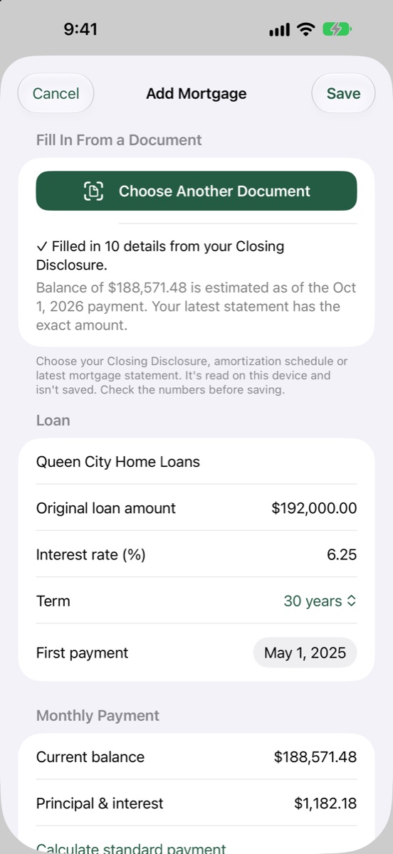 Add Mortgage form filled in from a Closing Disclosure