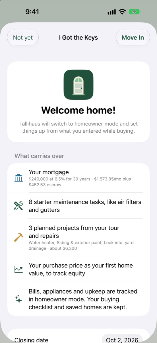 Welcome home screen listing what carries over into homeowner mode