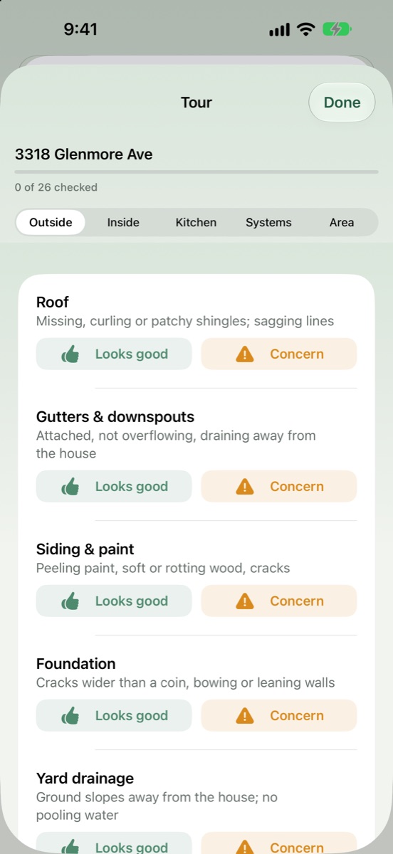 Tour checklist for a house with Looks good and Concern buttons for the roof, gutters, siding and foundation